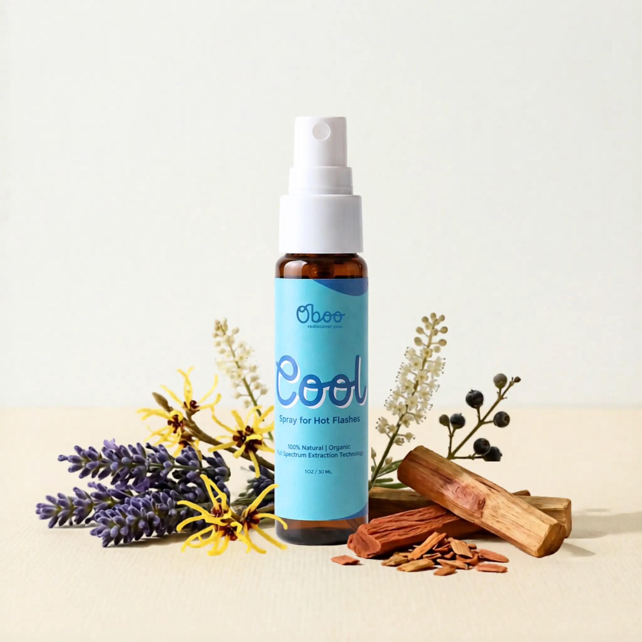 Oboo Cool Spray surrounded by lavender, witch hazel, and sandalwood — every ingredient is 100 percent natural and organic