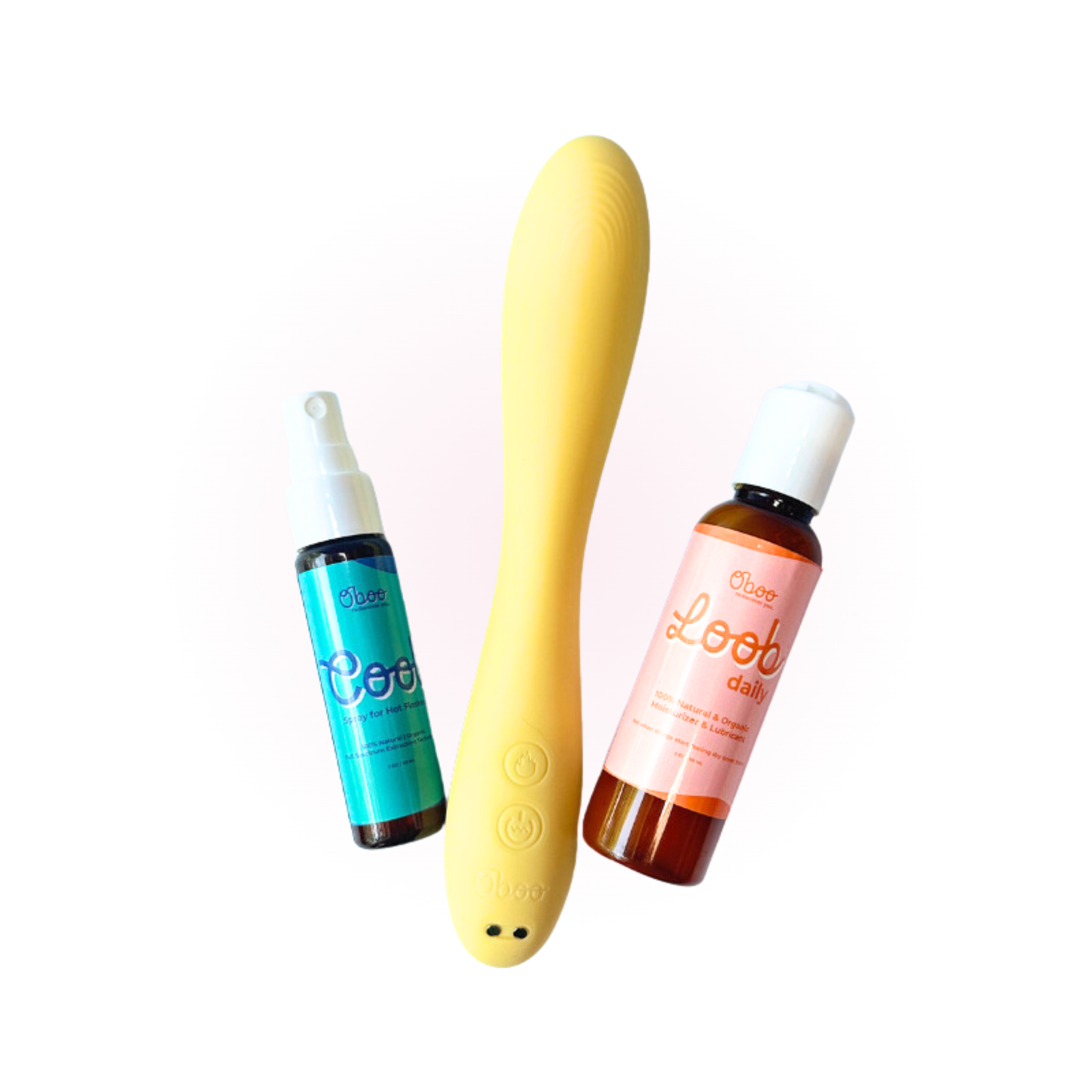 Peri-Me-Oh-My essentials by Oboo — Cool Spray for Hot Flashes, yellow Woosh Warming Wand, and Loob Daily Moisturizer on a soft white background