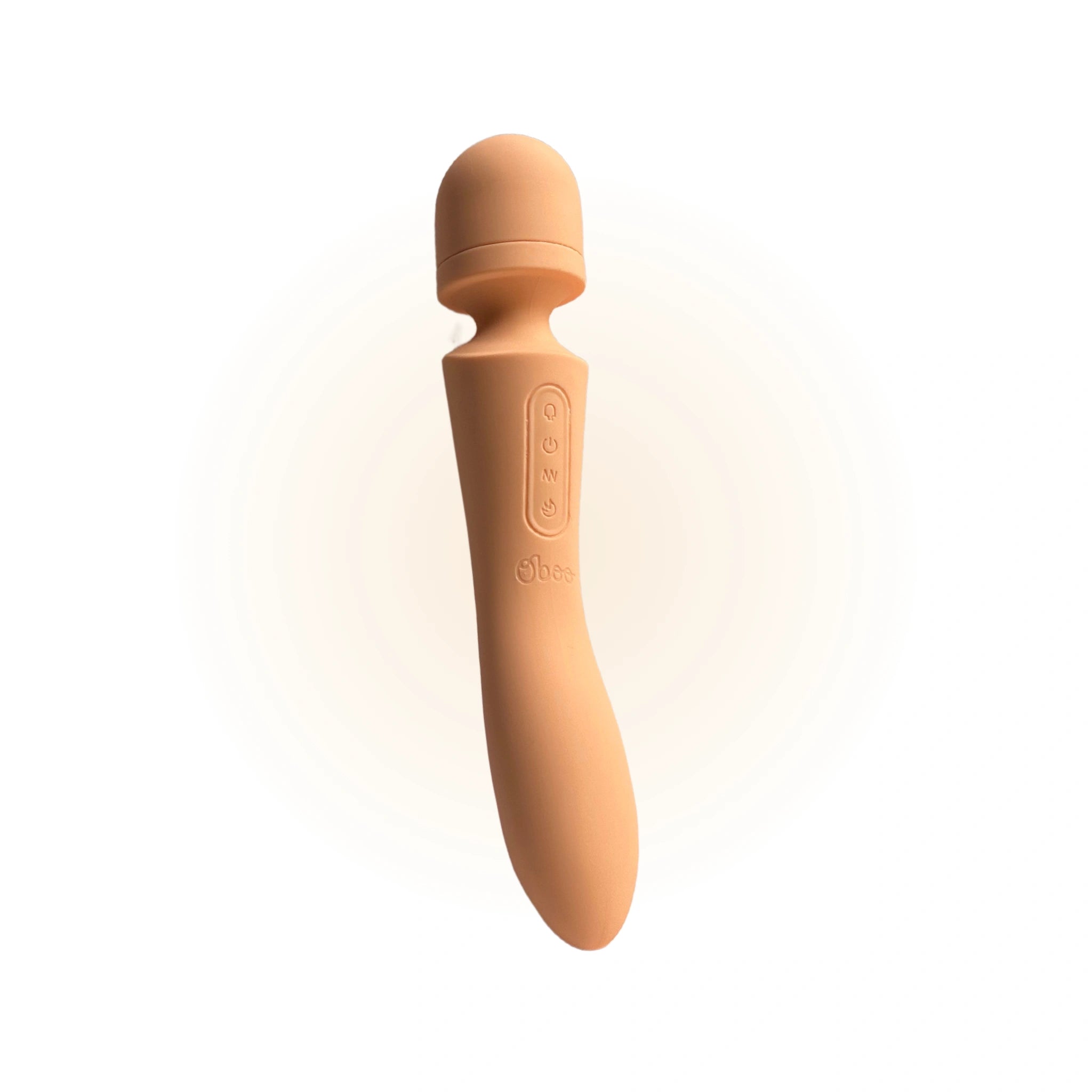 A peach-colored wand massager with control buttons displayed on a plain background.