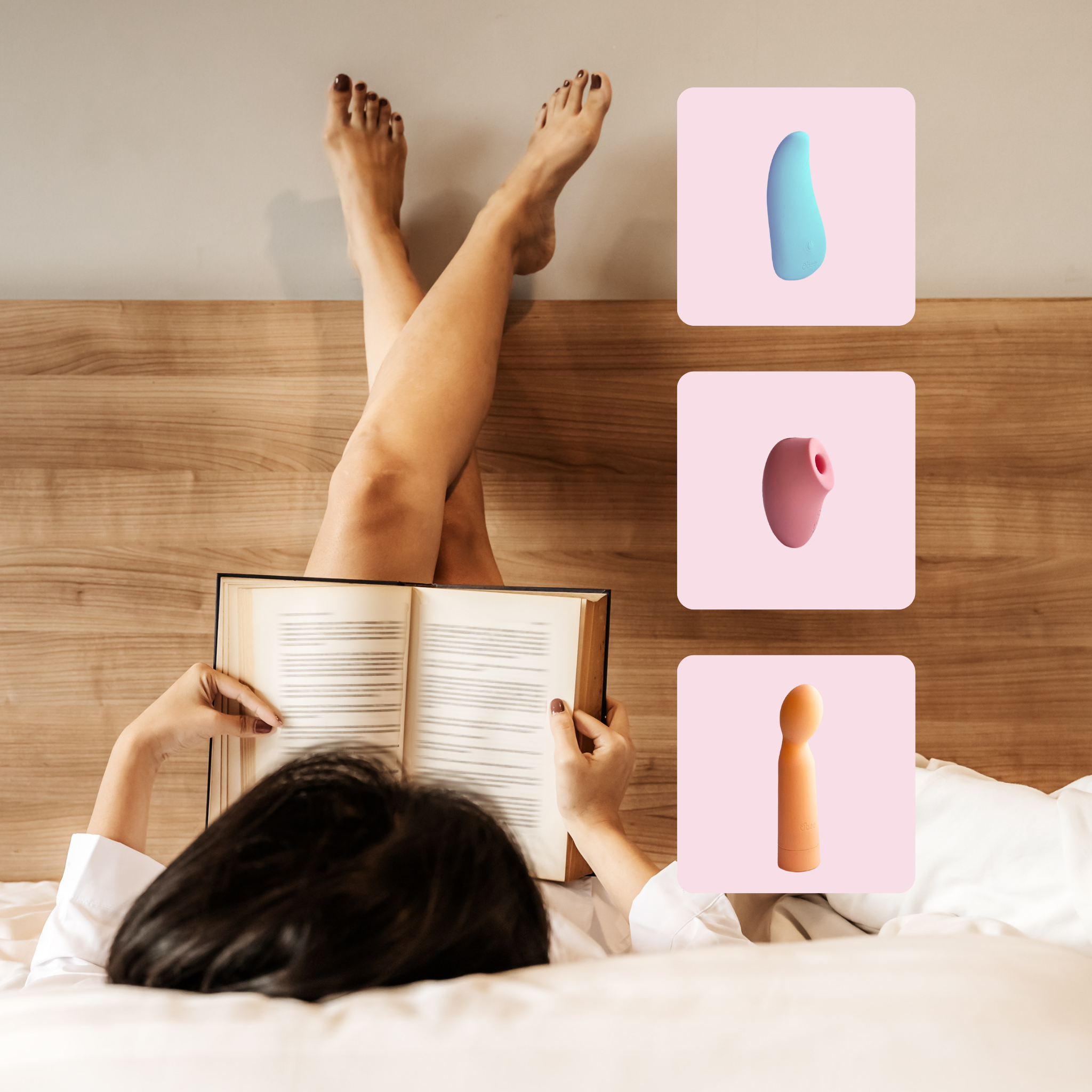A woman reads a book in bed with legs crossed, while icons of three colorful Oboo massagers appear on the side.