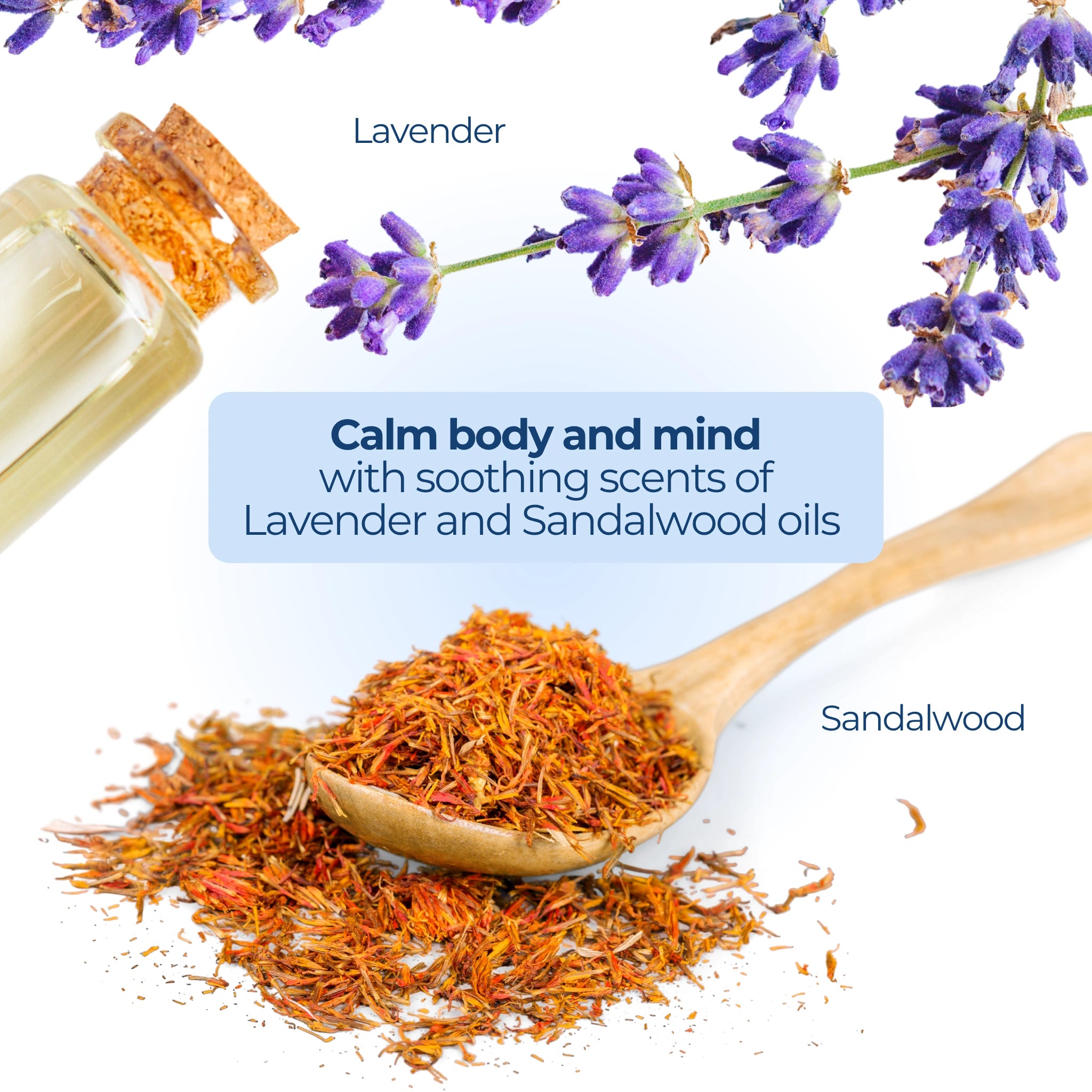 Lavender sprigs and sandalwood flakes with a corked oil bottle, paired with text emphasizing calming, aromatic benefits for body and mind.