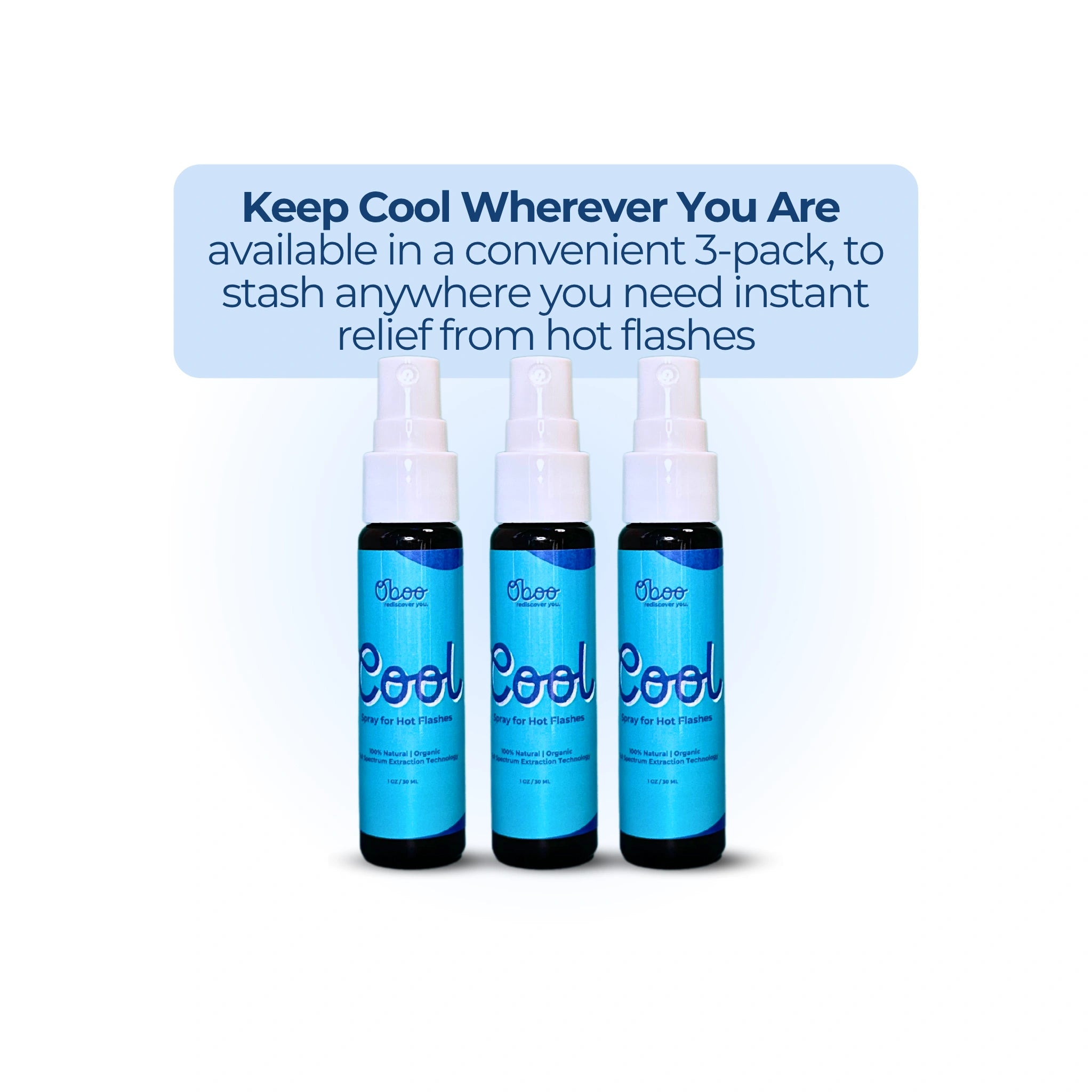 Three Cool Spray bottles lined up below text describing the convenience of a 3-pack for hot flash relief anytime, anywhere.