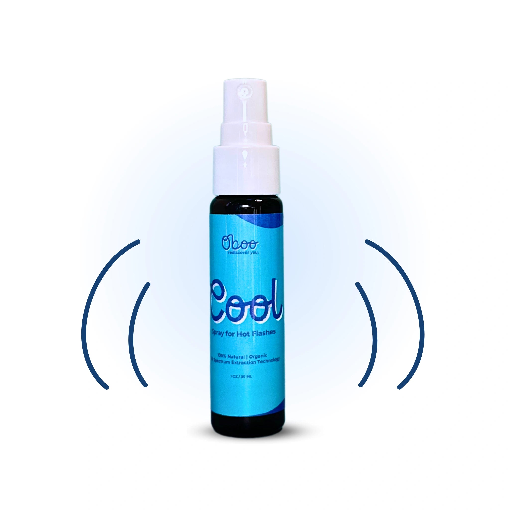 Oboo Cool Spray bottle for hot flashes with illustrated vibration lines, suggesting refreshing, cooling relief and soothing effects.