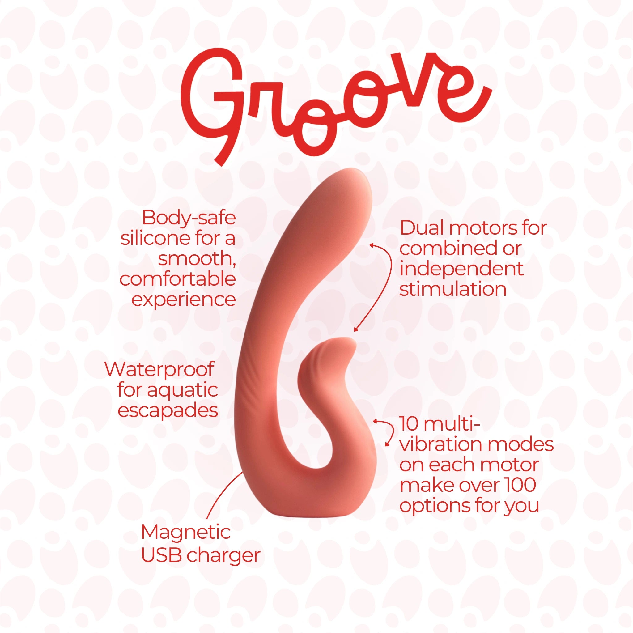 Coral dual-stimulation massager labeled “Groove,” with callouts highlighting body-safe silicone, waterproof design, dual motors, USB charging, and customizable vibration modes.