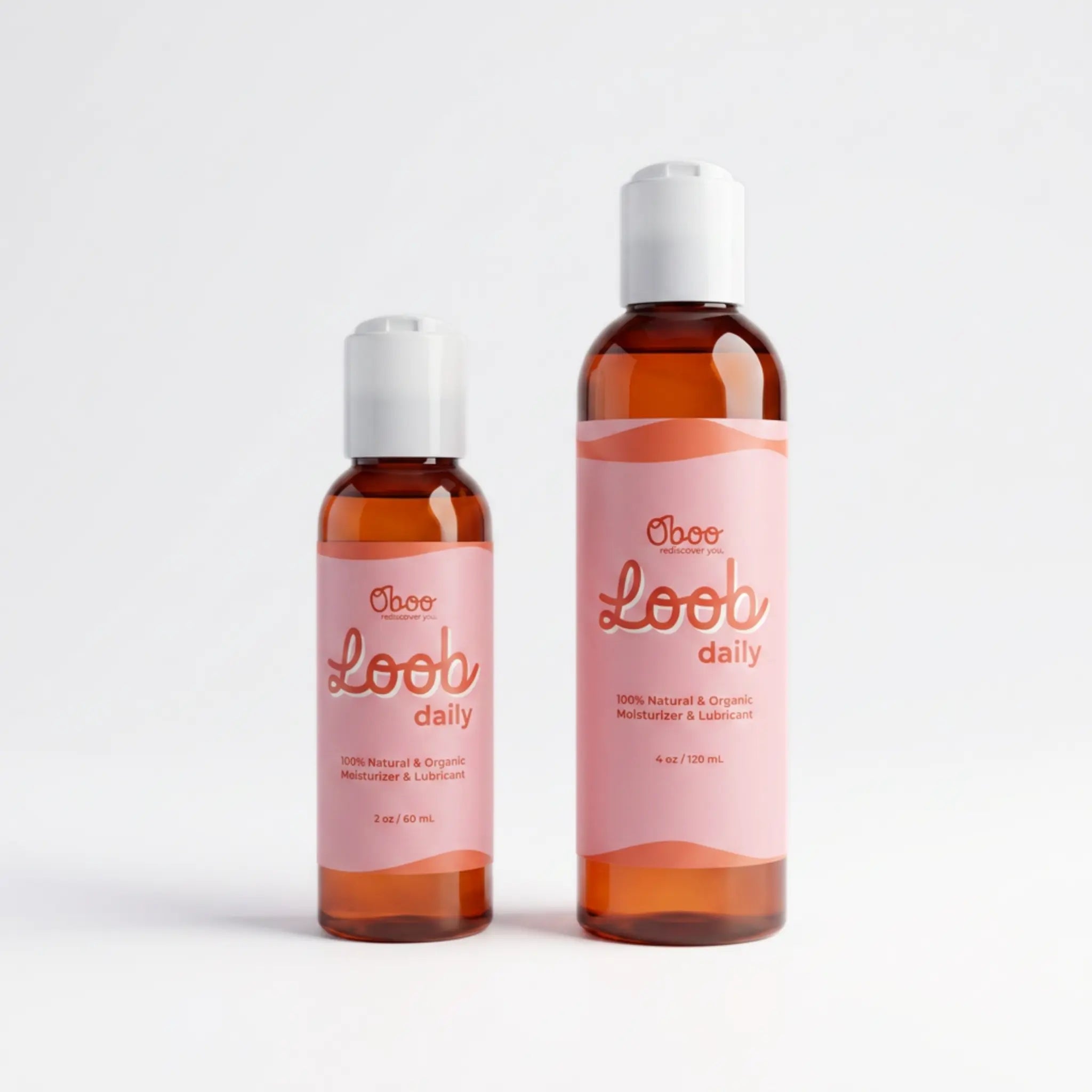 Two sizes of Oboo Loob Daily Moisturizer — a 2oz travel bottle and a 4oz everyday bottle, side by side on a soft white background