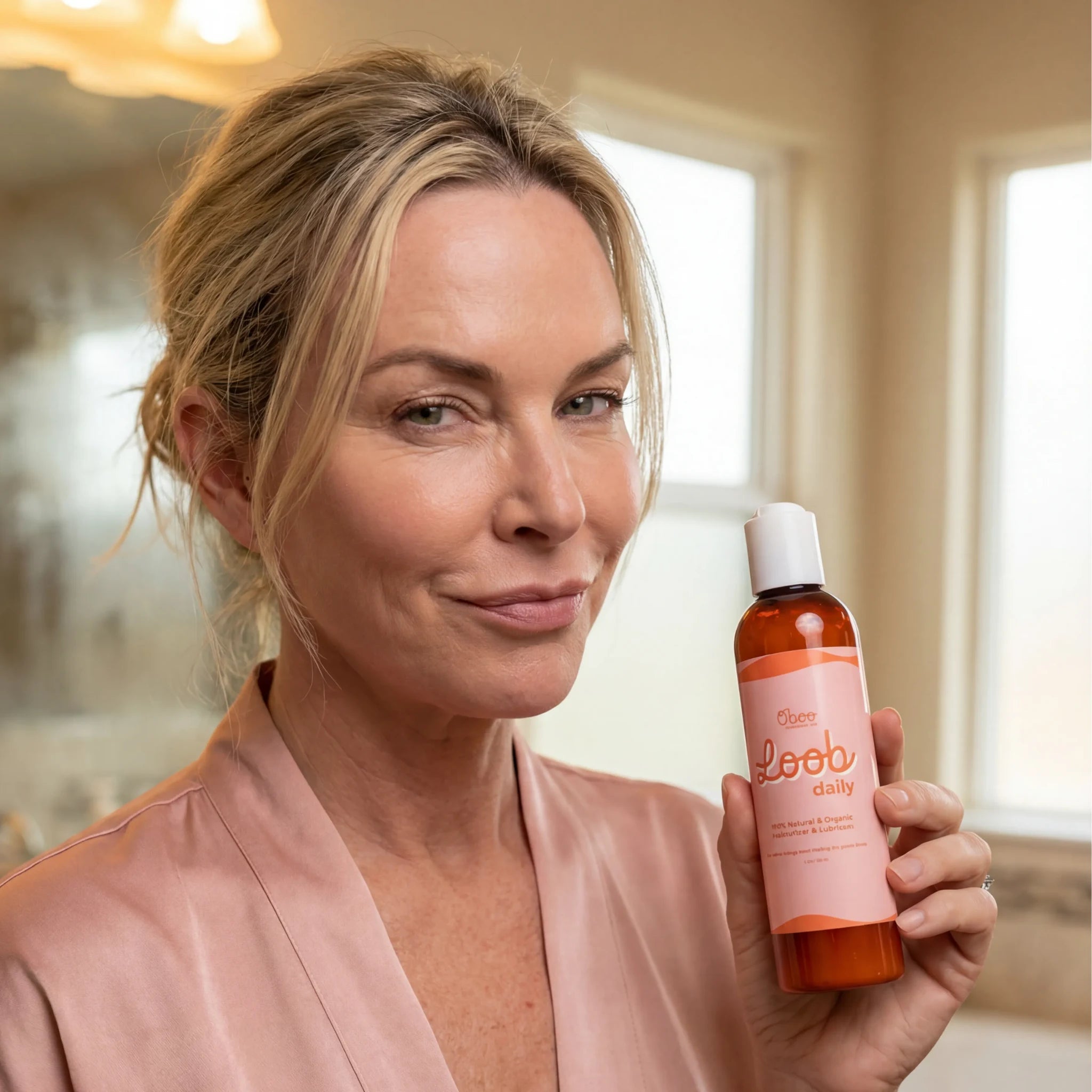 Smiling midlife woman in a blush silk robe holding a bottle of Oboo Loob Daily in her sunlit bathroom