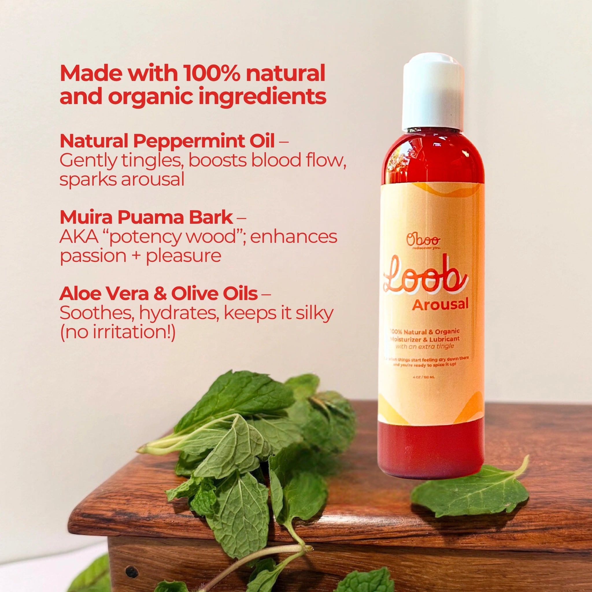 Loob Arousal lubricant shown next to peppermint leaves and product benefit descriptions, emphasizing natural ingredients like mint and Muira Puama.