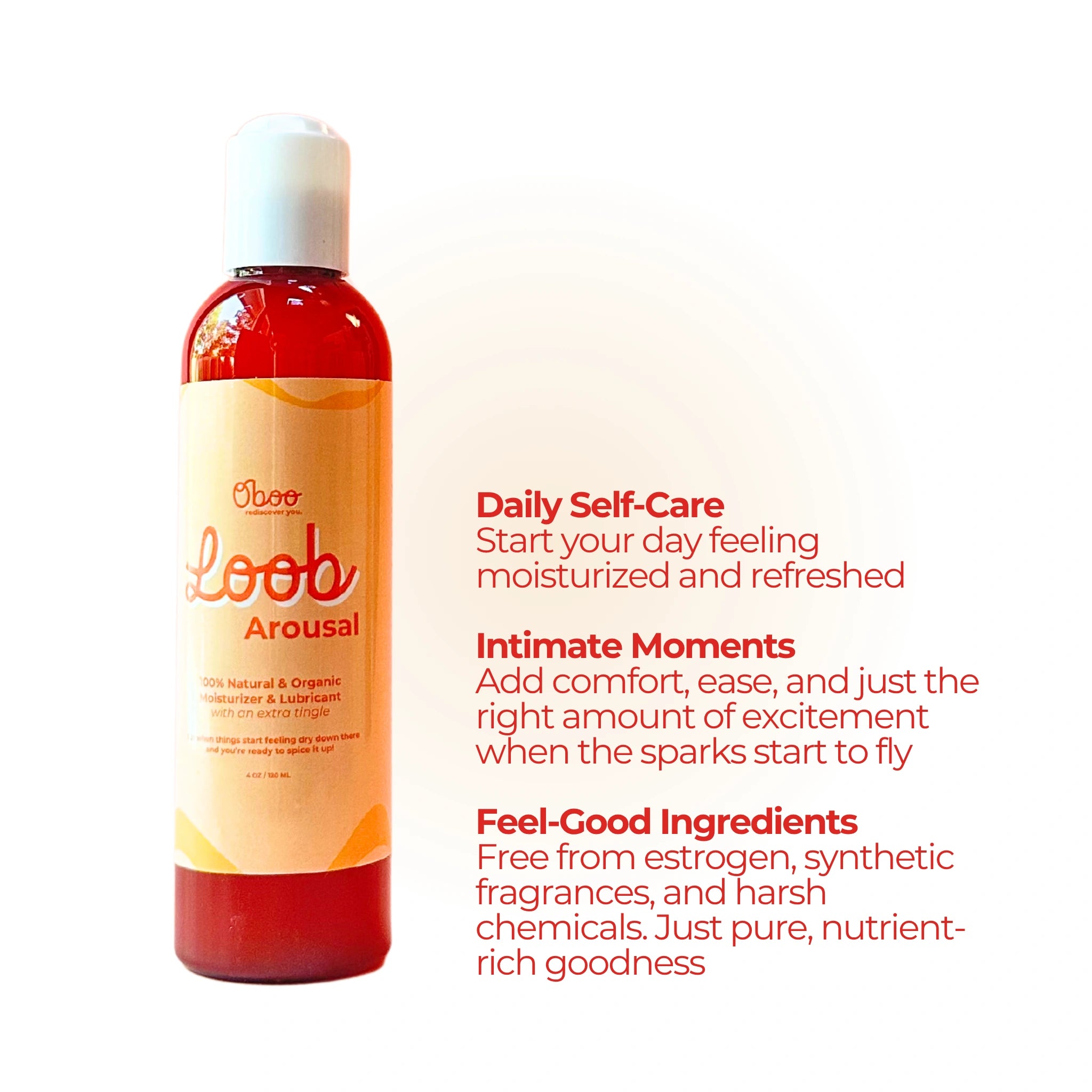 Loob Arousal lubricant next to a list of use cases, promoting self-care, intimacy, and safe, natural ingredients.
