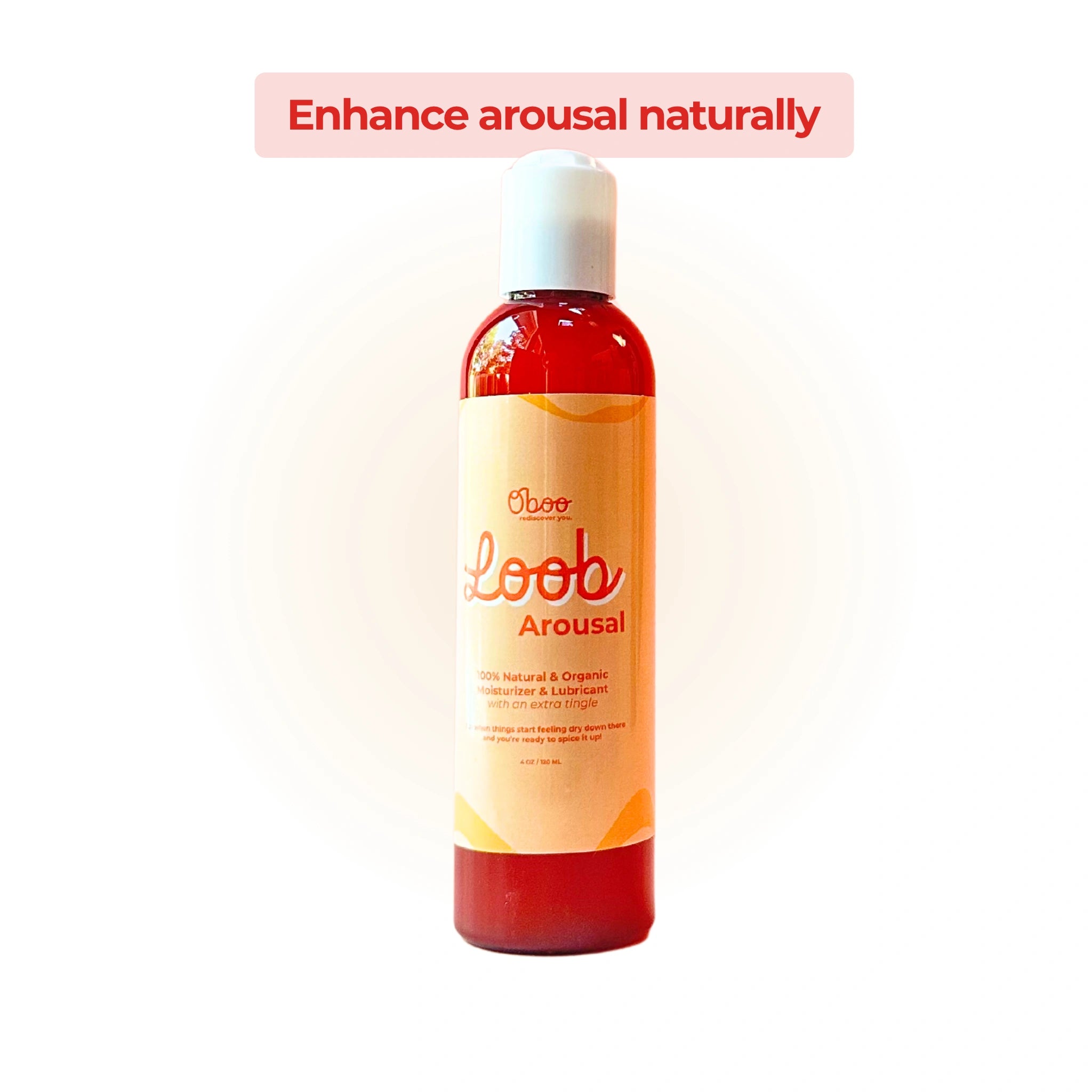 Oboo Loob Arousal bottle placed below bold text that reads “Enhance arousal naturally” on a soft white and peach backdrop.