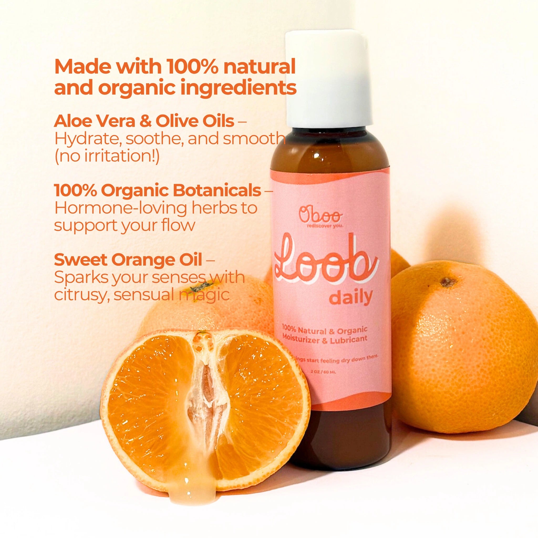 Loob Daily bottle placed beside Smooth Daily balm with flowers in the background, promoting natural moisturizing and intimate care products.