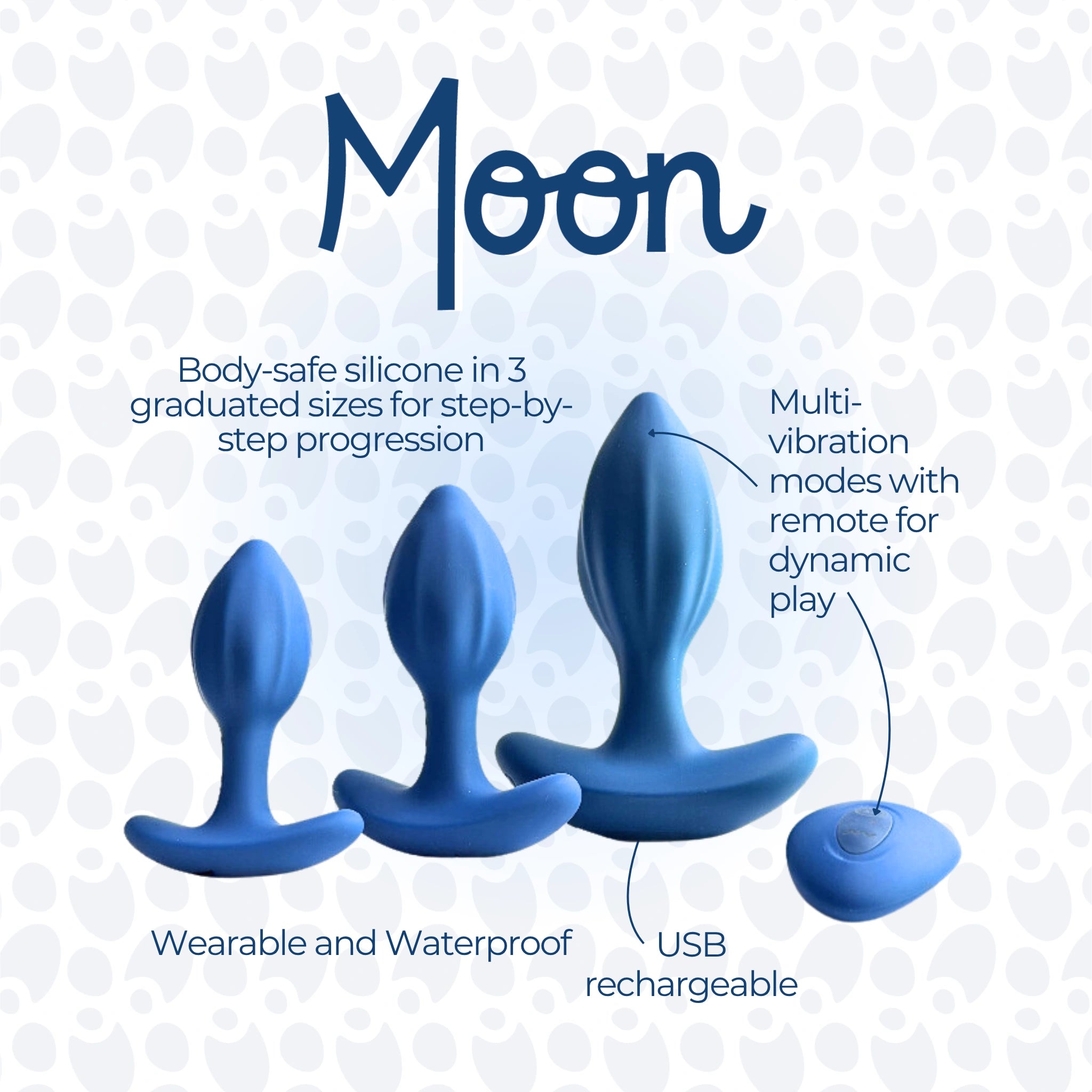 Three blue silicone anal plugs of increasing size are shown with labeled features, including waterproof, USB rechargeable, and remote-controlled vibration modes.