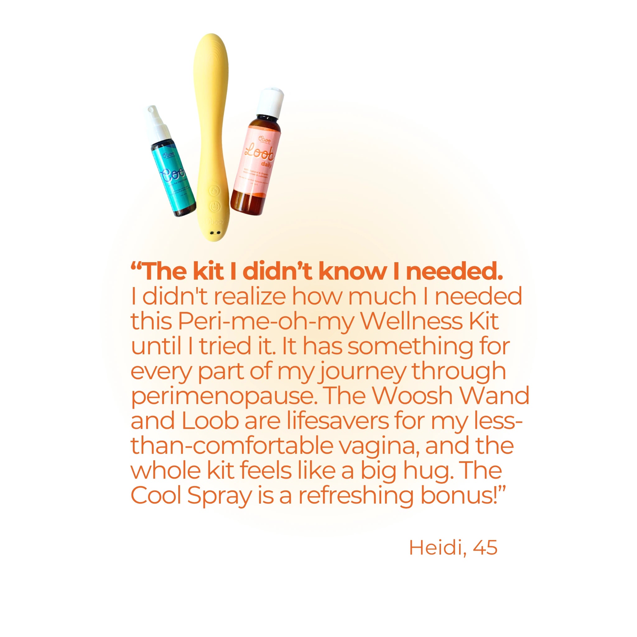 Oboo kit with Cool Spray, Loob, and vibrator shown with a heartfelt testimonial from a 45-year-old about perimenopause relief.
