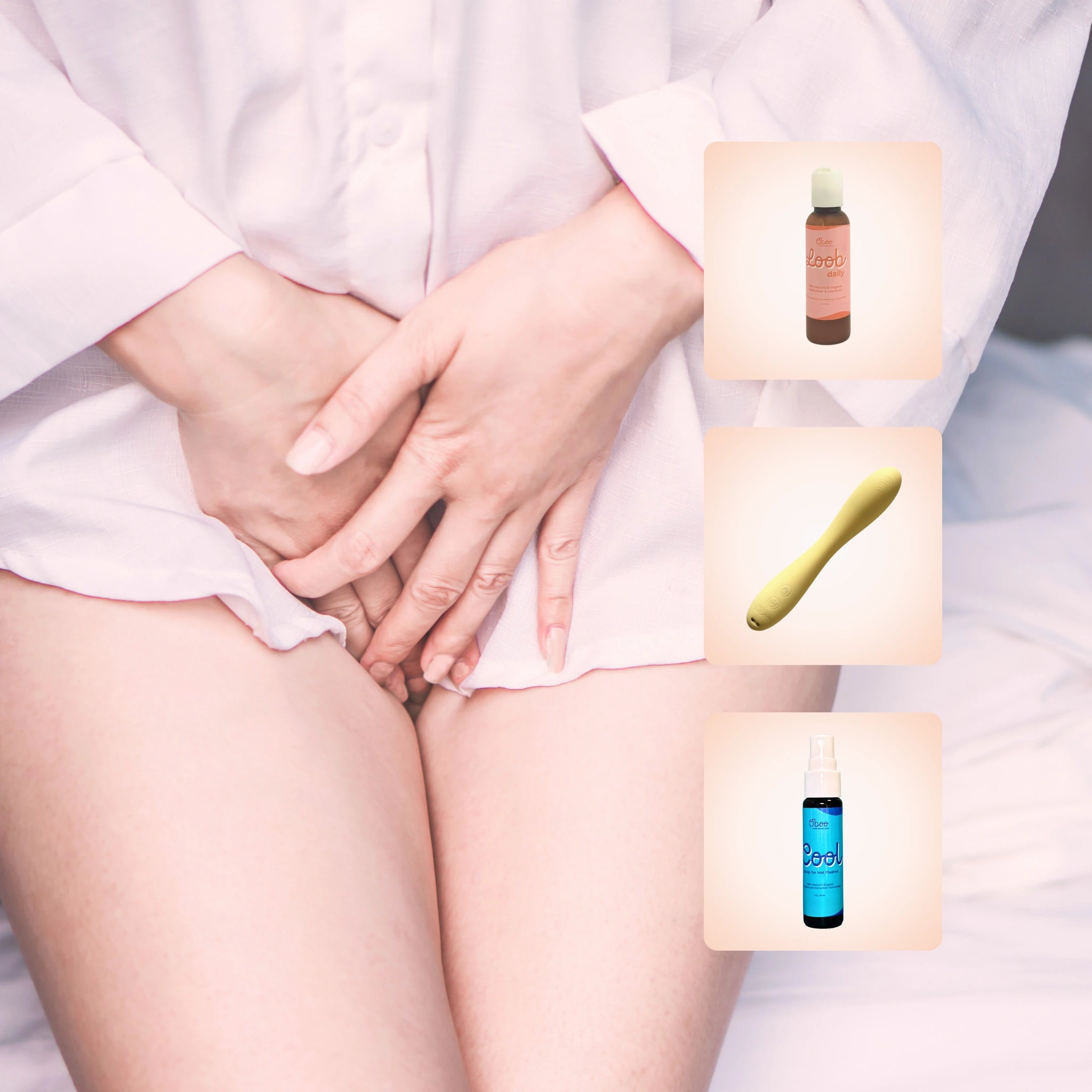 Woman in a white shirt sitting with hands covering her pelvic area, next to Oboo lubricant, vibrator, and cooling spray images.