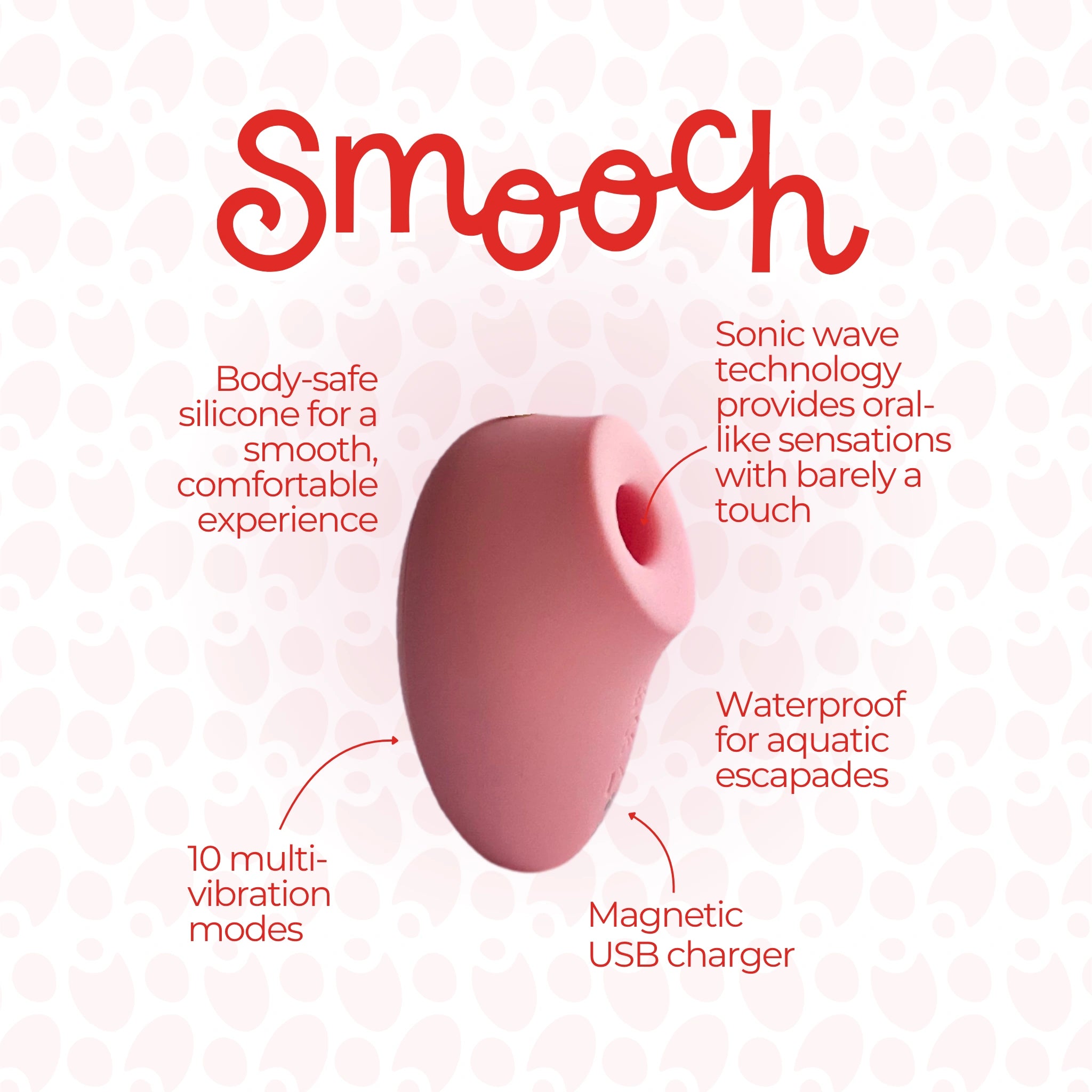 Promotional graphic showing the pink stimulator with labeled features like silicone body, waterproof design, and sonic wave technology.
