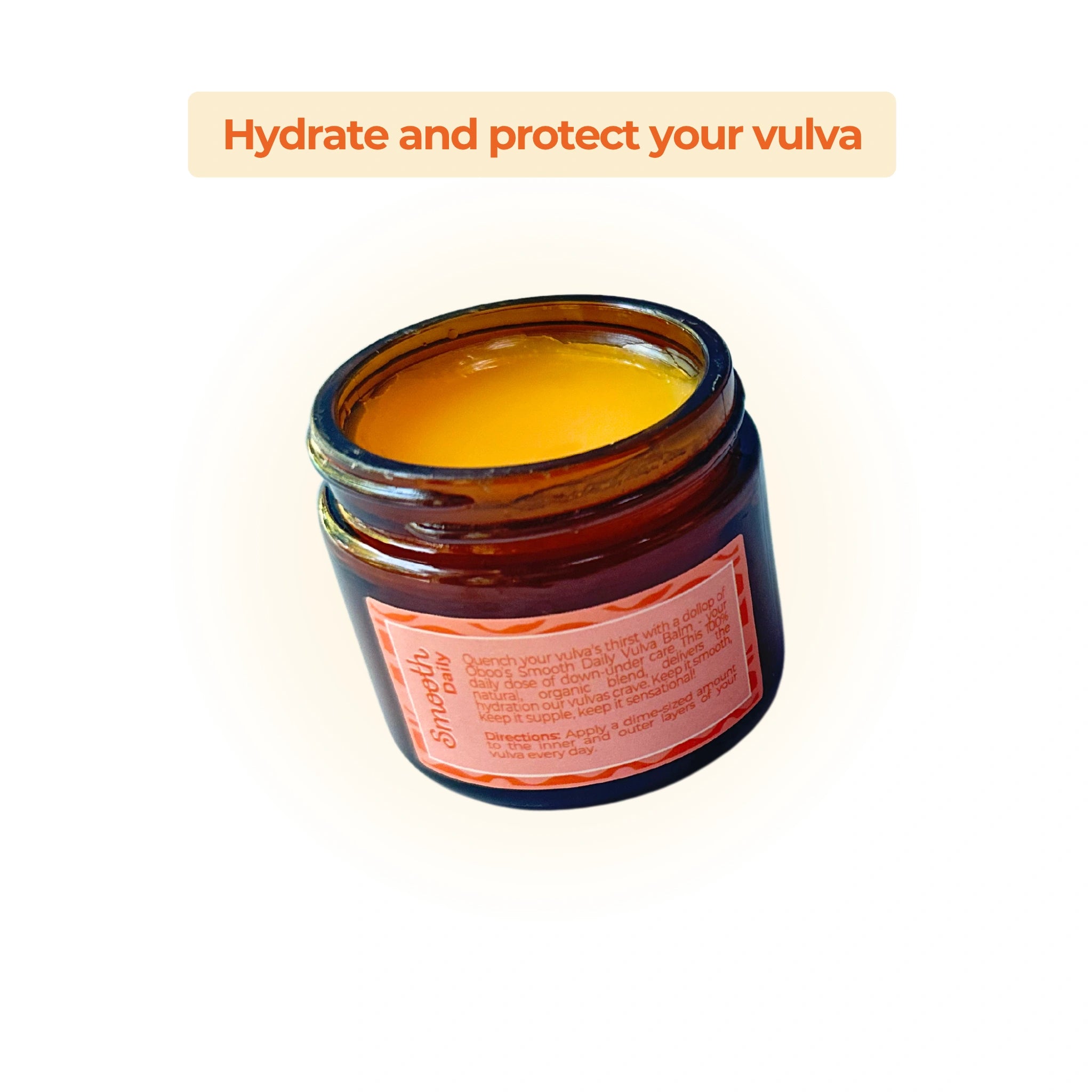 Open jar of Smooth Daily Vulva Balm with text “Hydrate and protect your vulva” on a light gradient background.