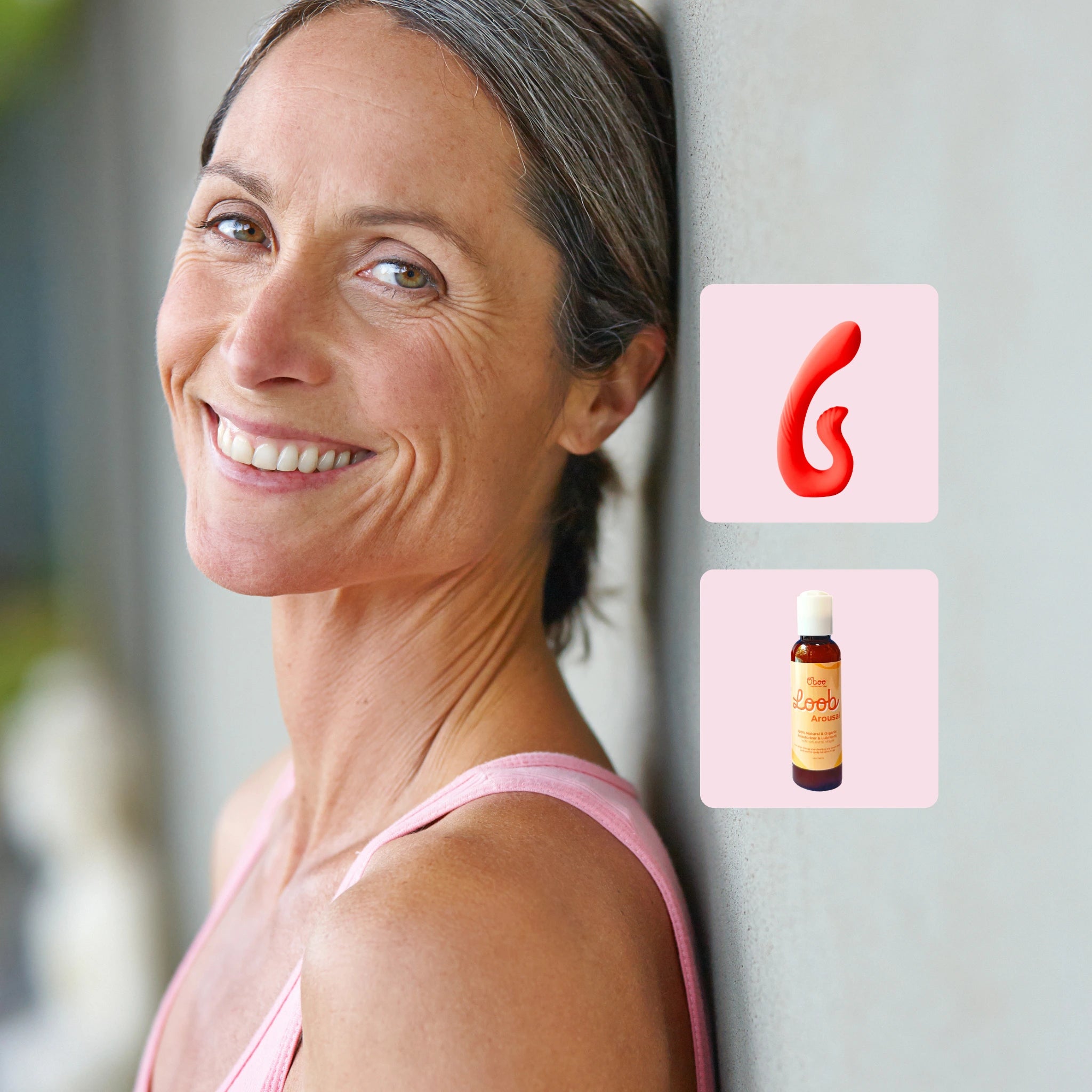 A smiling woman in a pink tank top leans against a wall beside product icons of a red vibrator and Oboo Loob Arousal.