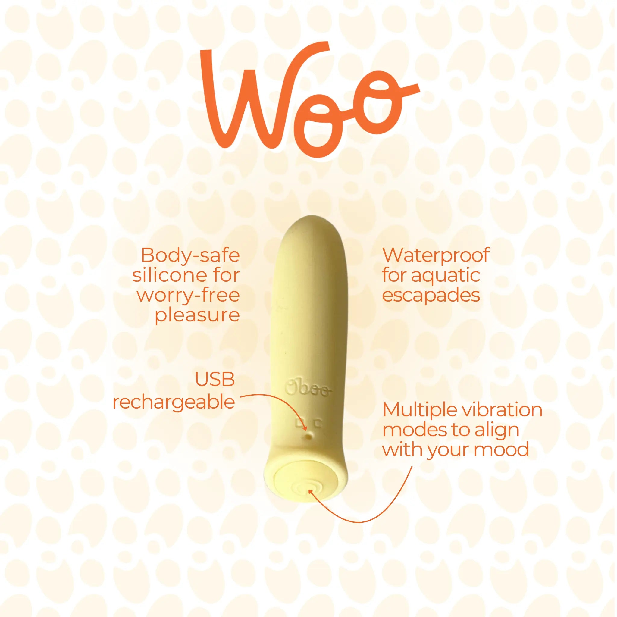Yellow Woo massager shown with labeled features including body-safe silicone, USB rechargeable, waterproof design, and multiple vibration modes for varied experiences.