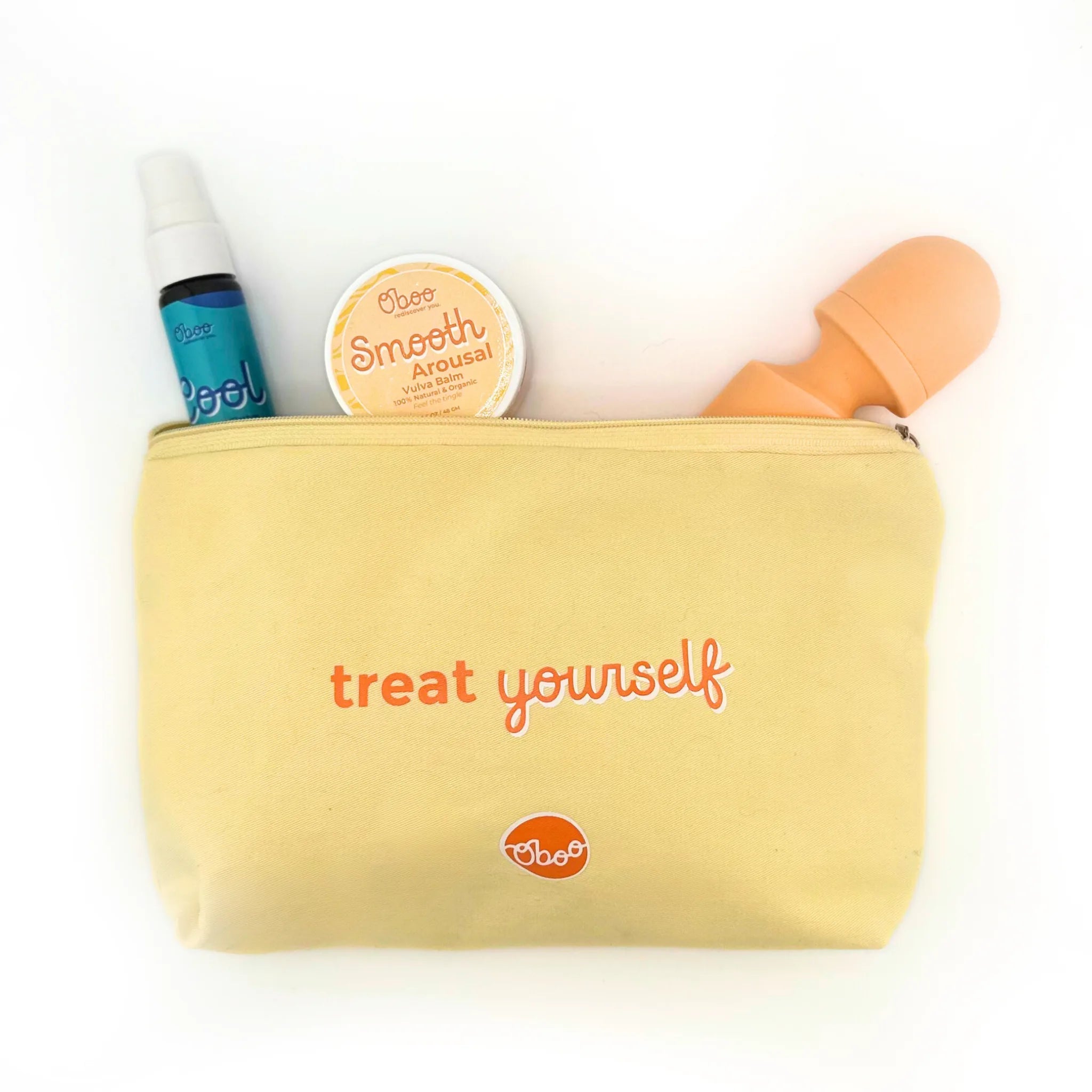 Goodnight Gorgeous kit packed in a yellow treat-yourself pouch — Cool Spray, Smooth Arousal Vulva Balm, and the peach Boom Wand peeking out