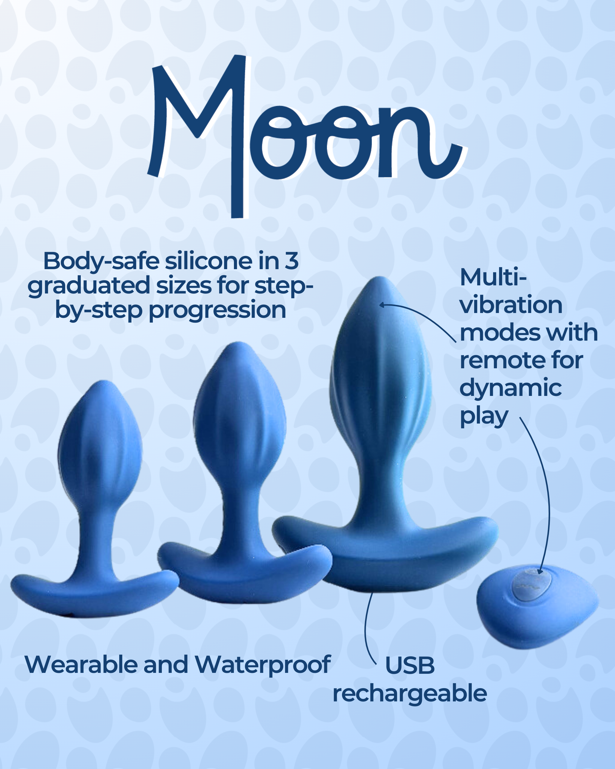 Three blue silicone anal plugs of increasing size are shown with labeled features, including waterproof, USB rechargeable, and remote-controlled vibration modes.