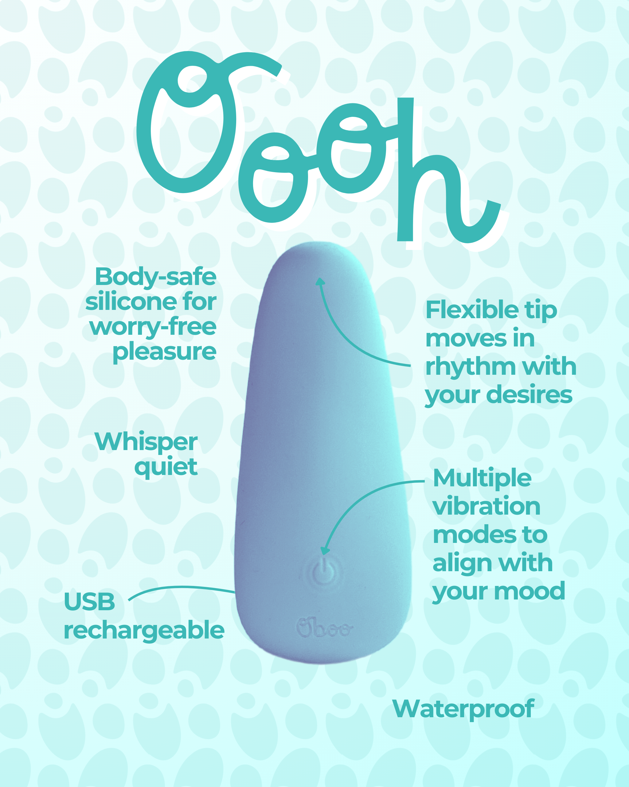 Light blue Oooh massager displayed with labeled features including flexible tip, whisper quiet operation, USB rechargeable, waterproof, and body-safe silicone.