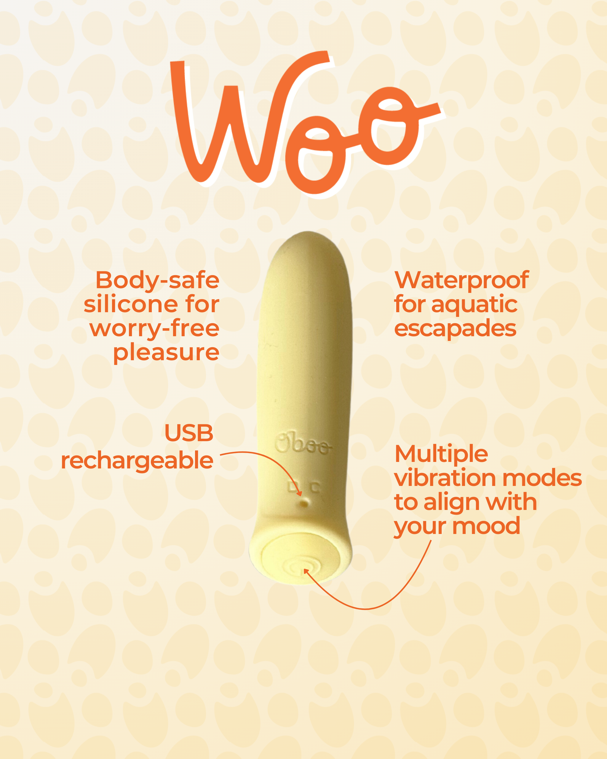 Yellow Woo massager shown with labeled features including body-safe silicone, USB rechargeable, waterproof design, and multiple vibration modes for varied experiences.