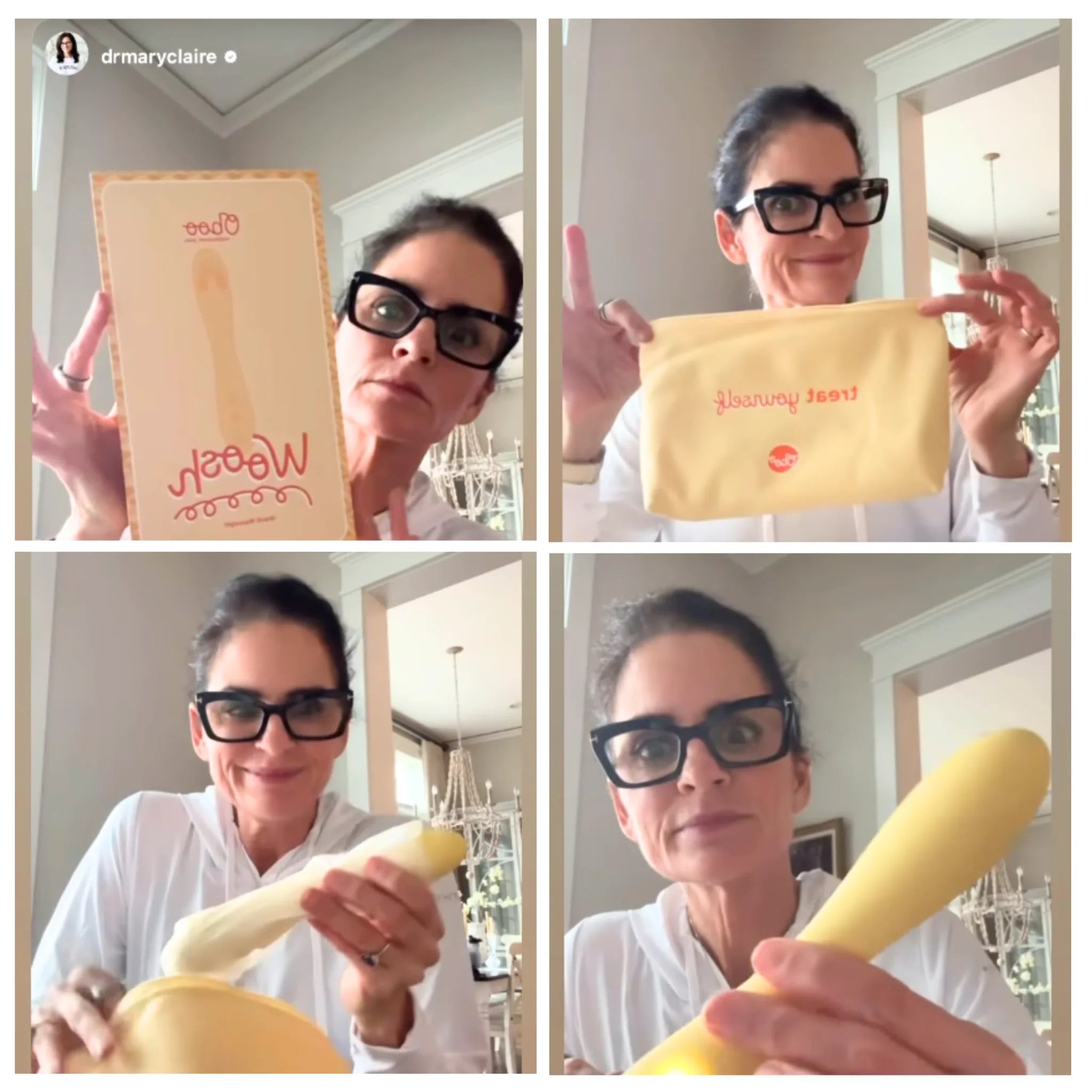 Dr. Mary Clare Haver showing the Oboo Woosh yellow warming massager