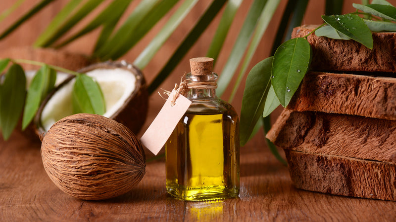 Warm still life showing bottle of coconut oil beside whole coconut and stacked shells with green leaves on wooden table.