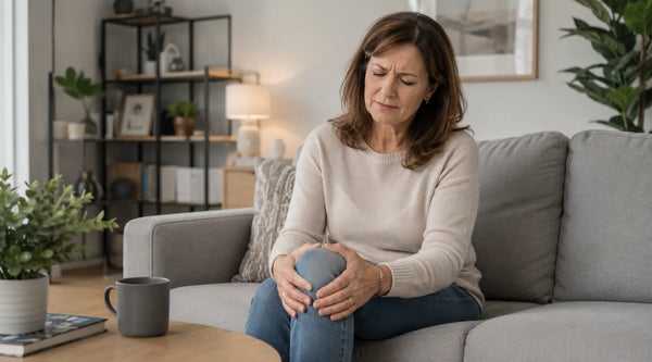 A person sitting on a couch holding their knee in pain, with a mug and a book on a coffee table in the foreground.