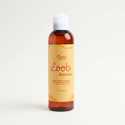 Oboo Loob Arousal Moisturizer — a 4oz amber bottle with golden yellow label, a natural water-based lube with an extra peppermint tingle