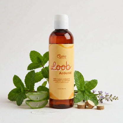 Loob Arousal bottle surrounded by fresh peppermint leaves, aloe slices, and lavender — comfort and chemistry from plants only