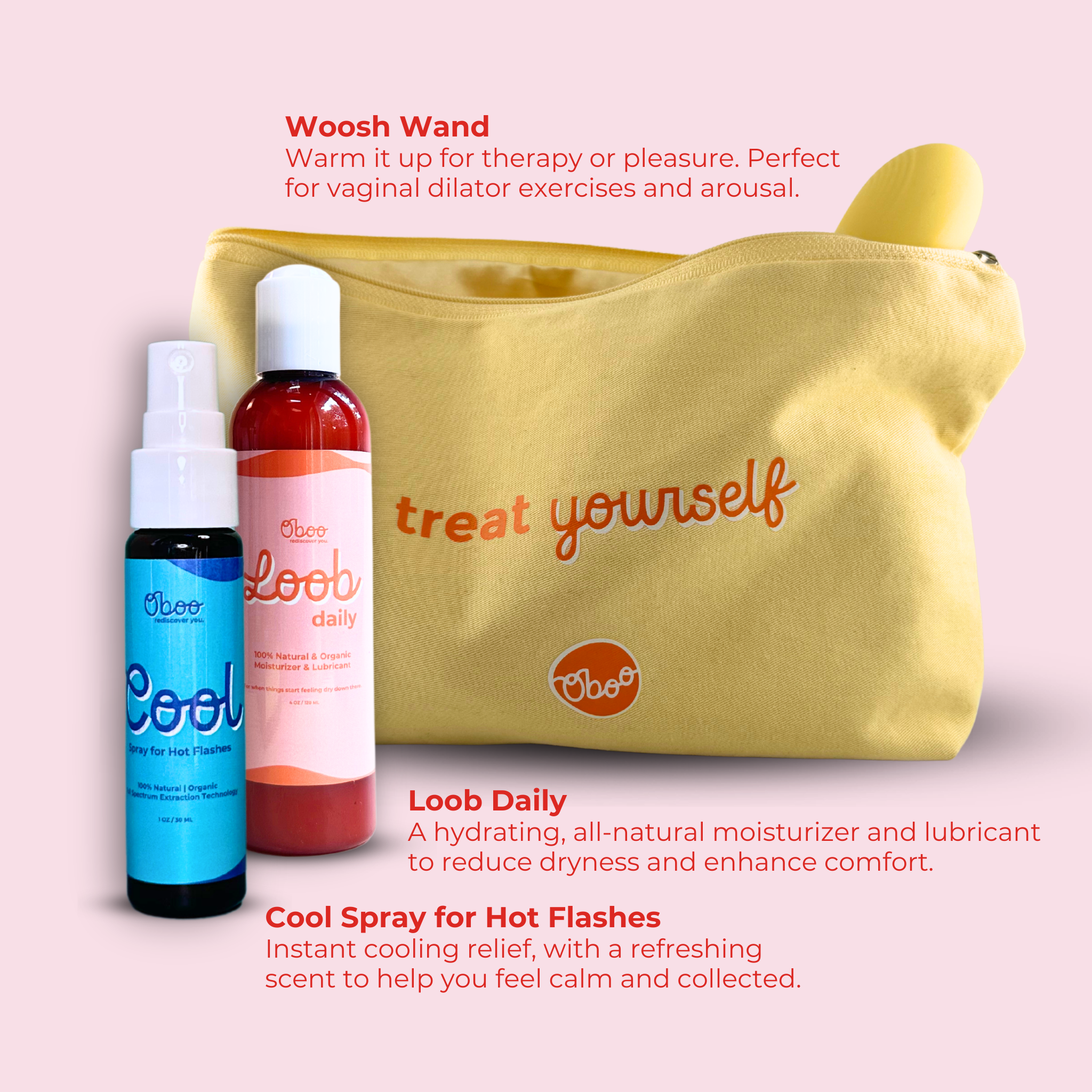 Peri-Me-Oh-My Wellness Kit contents in a yellow treat-yourself pouch — Woosh Wand for warming pleasure, Loob Daily for hydration, Cool Spray for hot flashes