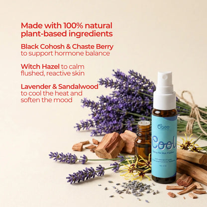 Cool Spray ingredient breakdown by Oboo — Black Cohosh and Chaste Berry to support hormone balance, Witch Hazel to calm flushed skin, Lavender and Sandalwood to cool the heat and soften the mood