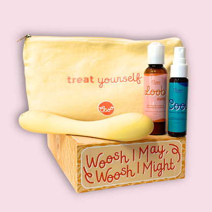 Peri-Me-Oh-My Wellness Kit — yellow treat-yourself pouch with Loob Daily and Cool Spray, plus the yellow Woosh wand on its Woosh I May, Woosh I Might box