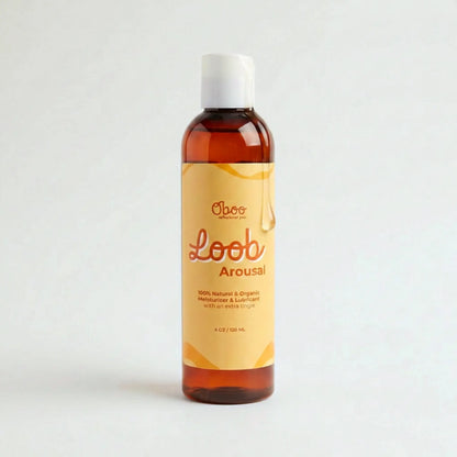 Loob Arousal bottle by Oboo with a single golden droplet on the label — natural water-based lube made for midlife arousal and comfort