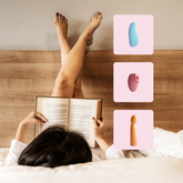 A woman reads a book in bed with legs crossed, while icons of three colorful Oboo massagers appear on the side.