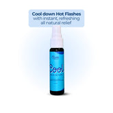 Cool Spray bottle with bold text above it promoting instant, natural relief from hot flashes on a soft blue gradient background.