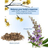 Witch hazel, chaste tree, and black cohosh botanicals surround a centered label highlighting hormone-supportive, organic ingredients for hot flash relief.