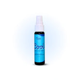 Oboo Cool Spray bottle for hot flashes, featuring a blue label and white cap on a soft blue gradient background.