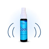 Oboo Cool Spray bottle for hot flashes with illustrated vibration lines, suggesting refreshing, cooling relief and soothing effects.