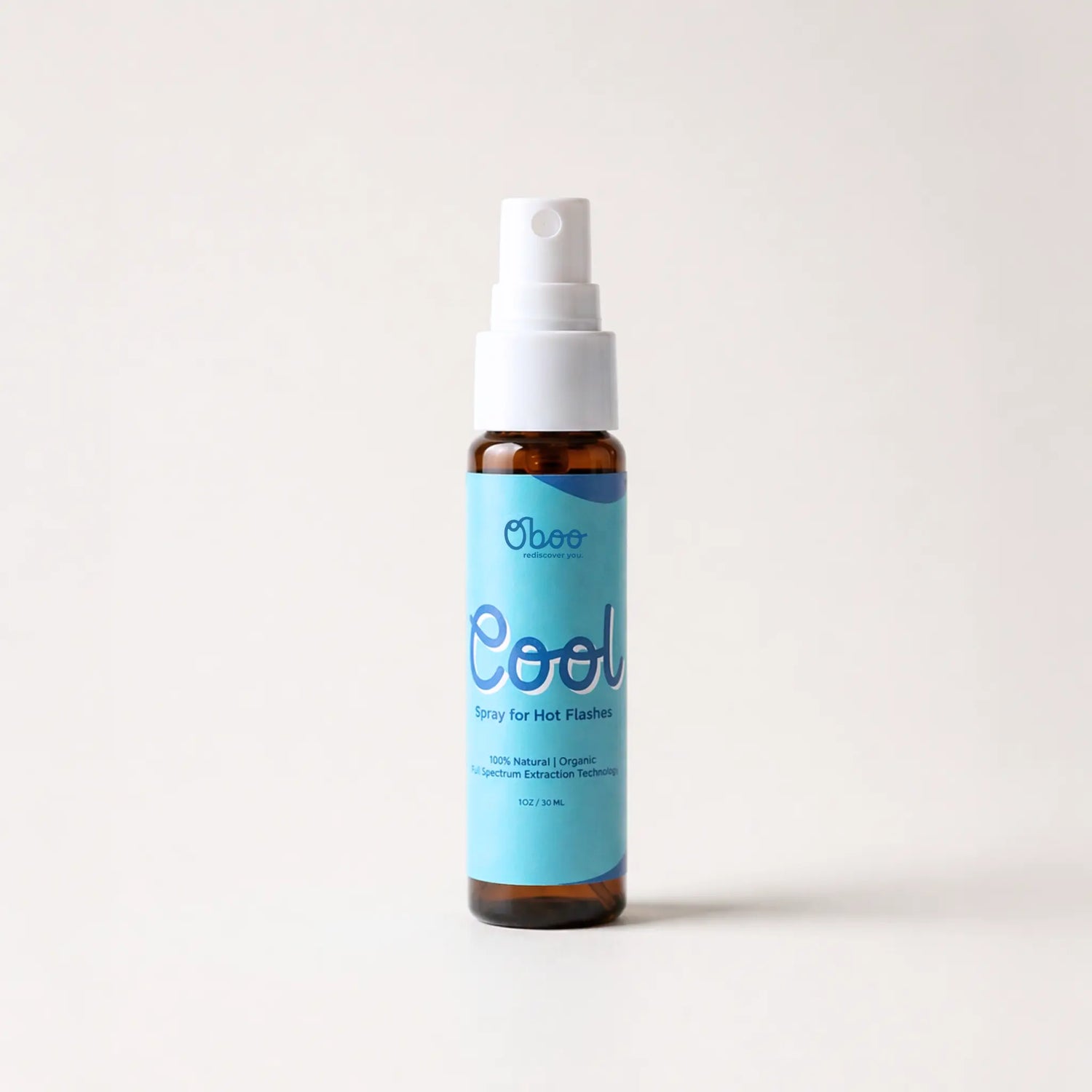 Oboo Cool Spray for Hot Flashes — a 1oz amber bottle with sky blue label, made for fast hot flash relief in midlife
