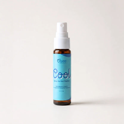 Oboo Cool Spray for Hot Flashes — a 1oz amber bottle with sky blue label, made for fast hot flash relief in midlife