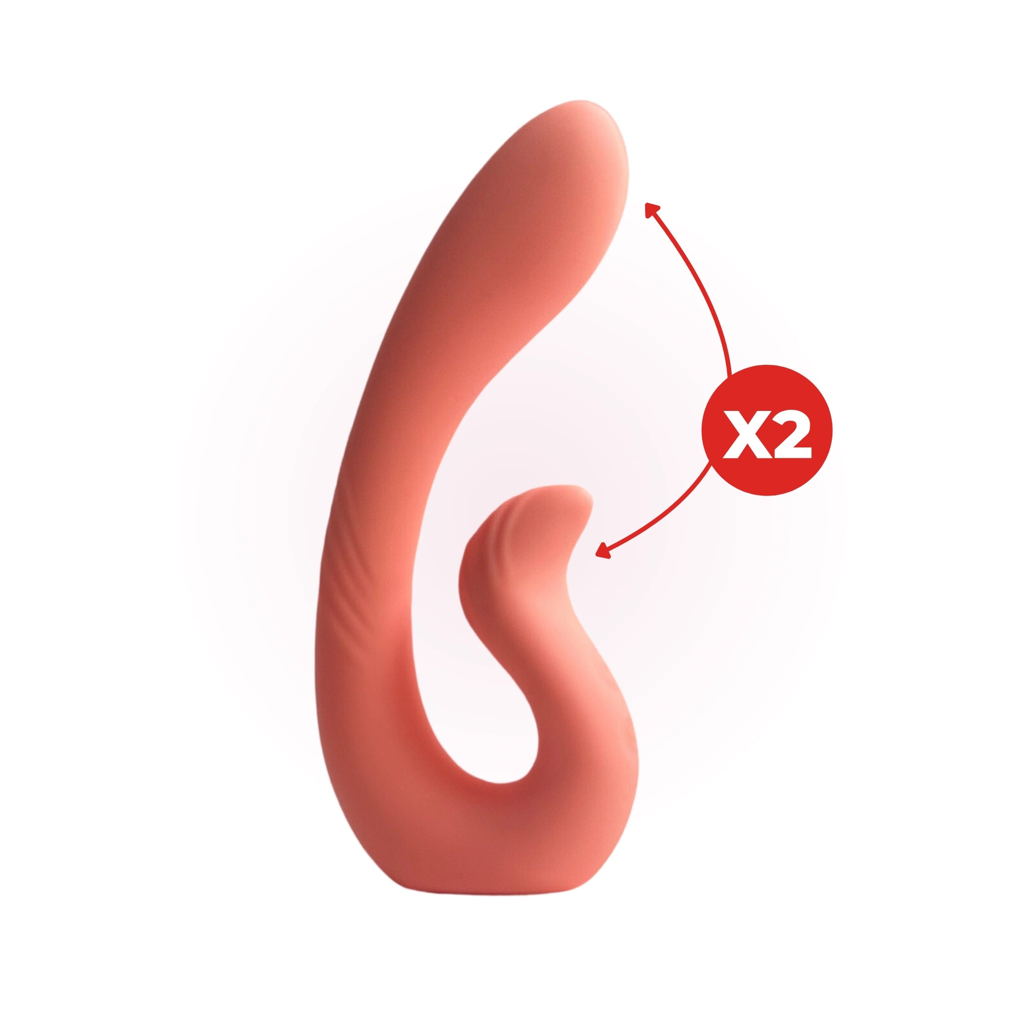 Dual stimulator with arrows pointing to both tips labeled “X2,” indicating double stimulation zones for internal and external use.