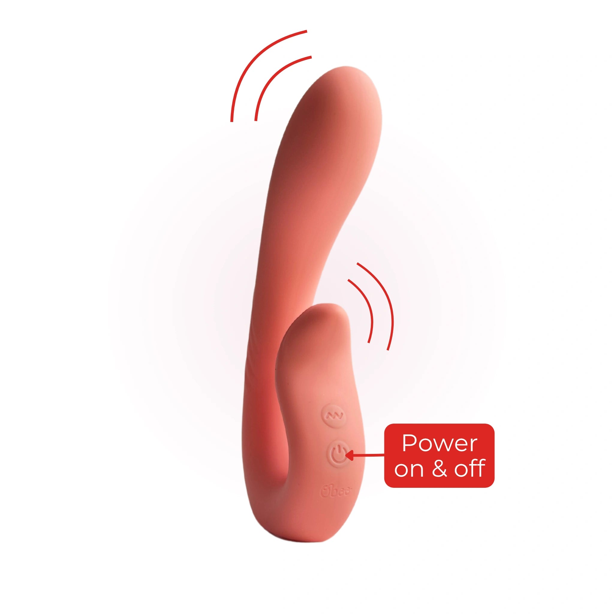 Dual stimulator with vibration lines and a label showing power button location for turning the toy on and off.
