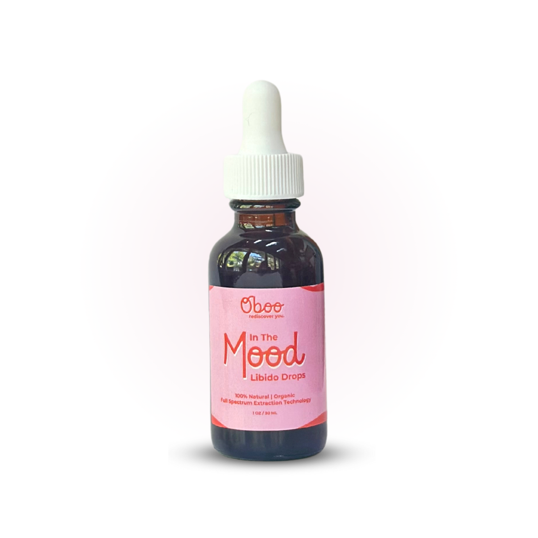A dark glass dropper bottle labeled &quot;In The Mood Libido Drops&quot; with pink label and white cap, placed on white background.