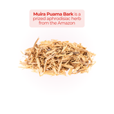 A close-up of Muira Puama Bark with text describing it as an aphrodisiac herb sourced from the Amazon rainforest.