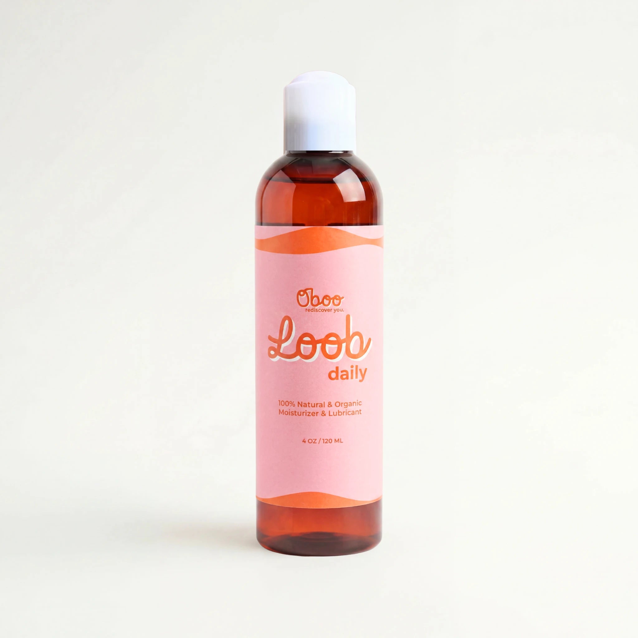 Oboo Loob Daily Moisturizer — a 4oz amber bottle with peach and pink label, a natural water-based lube for daily midlife comfort