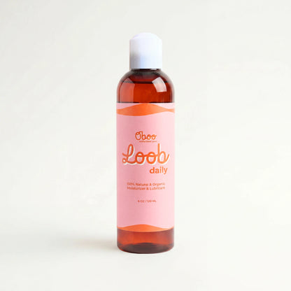 Oboo Loob Daily Moisturizer — a 4oz amber bottle with peach and pink label, a natural water-based lube for daily midlife comfort