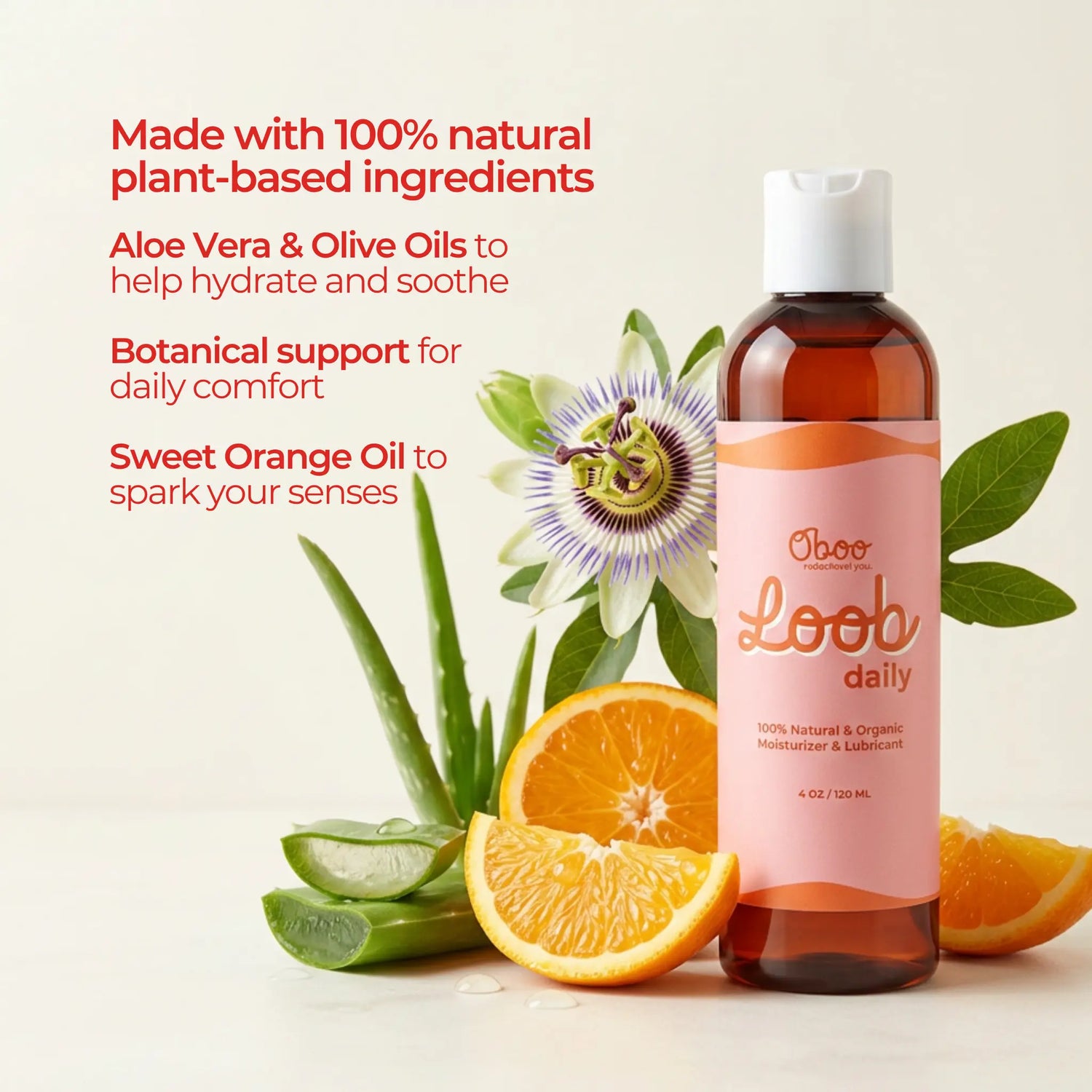 Loob Daily ingredient breakdown by Oboo — Aloe Vera and Olive Oils to hydrate and soothe, botanical support for daily comfort, Sweet Orange Oil to spark your senses