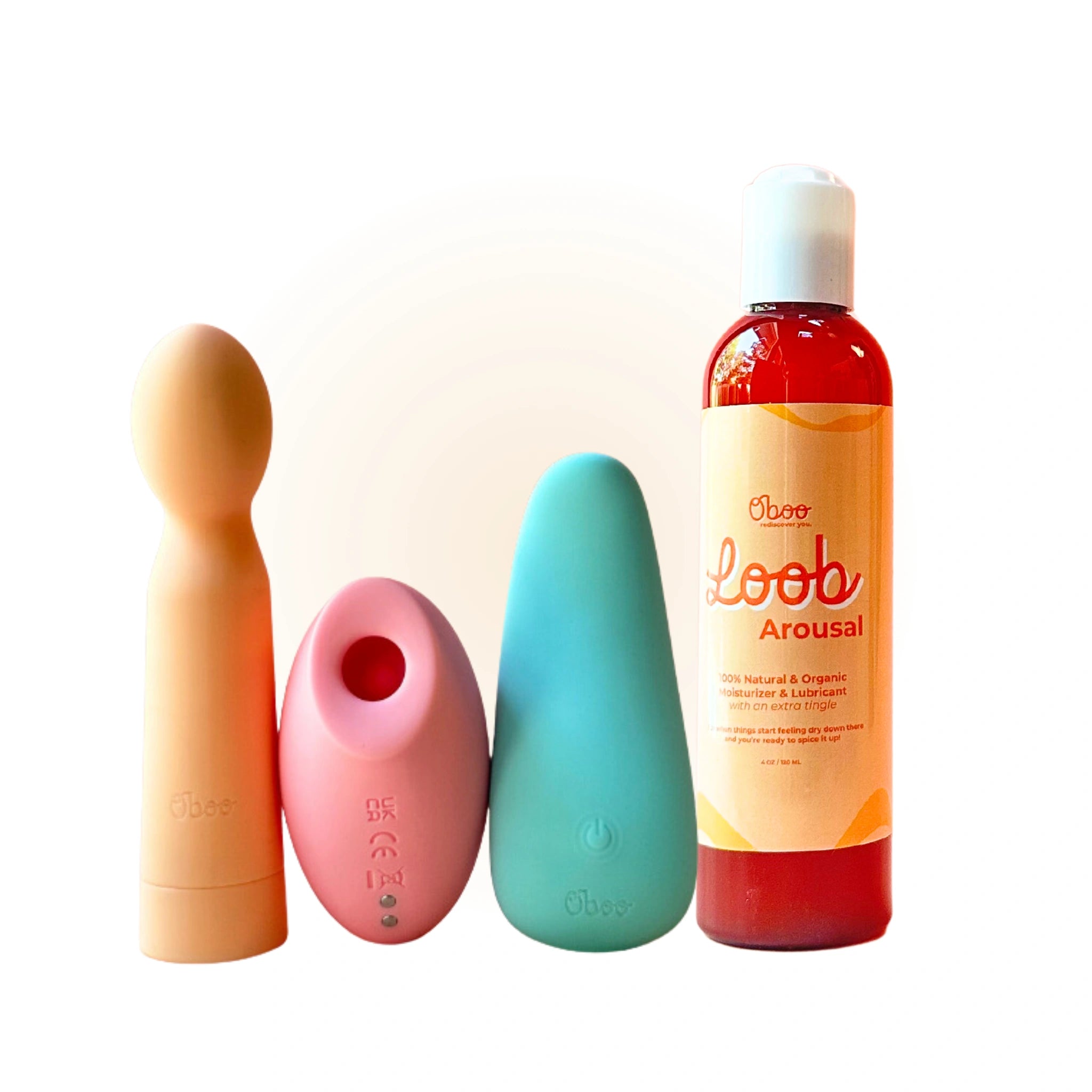 Oboo Loob Arousal bottle beside three pastel-colored vibrators, showcasing sexual wellness products designed for enhanced pleasure and intimacy.