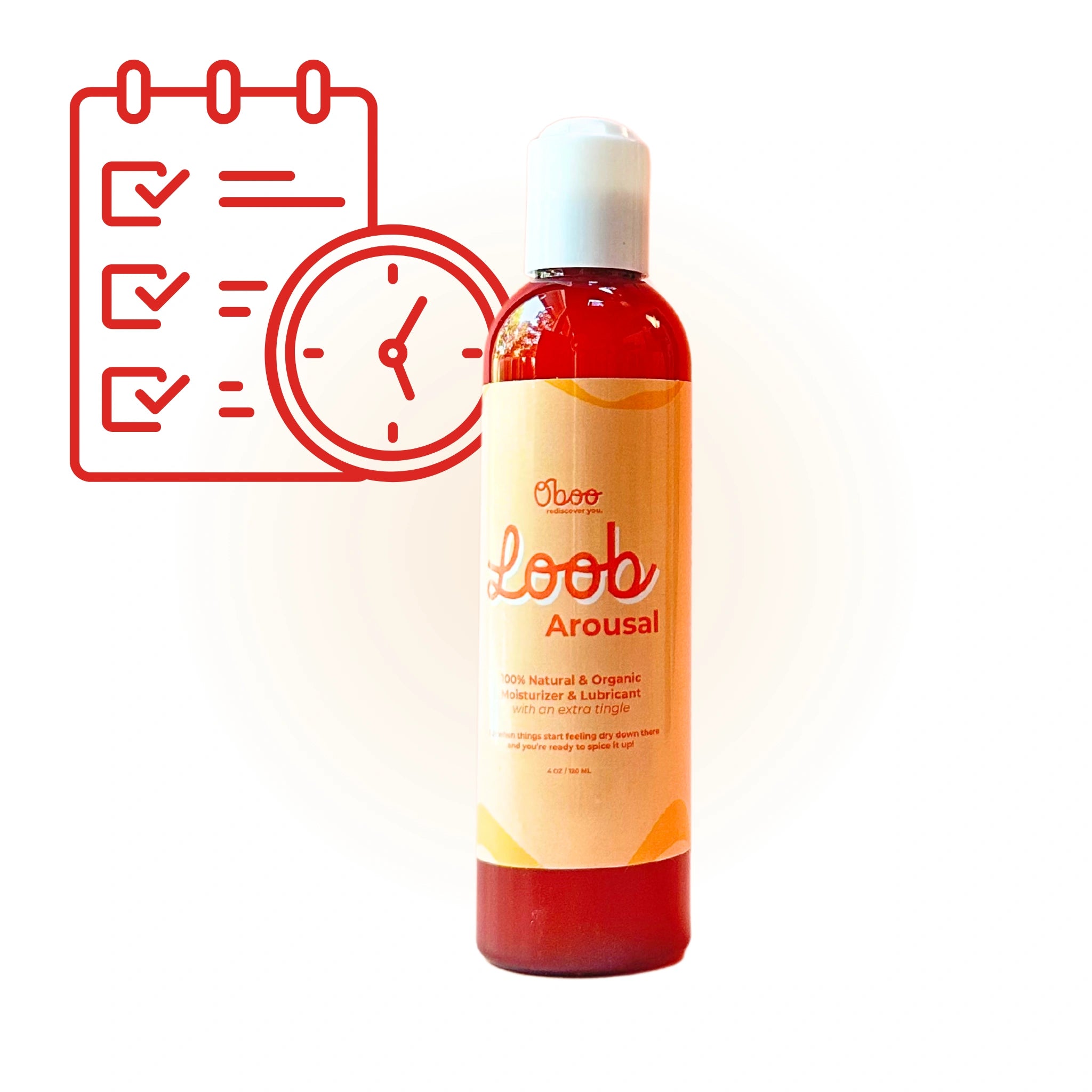 Loob Arousal lubricant bottle next to a red illustrated clock and checklist, symbolizing routine use, scheduling, and consistent self-care.